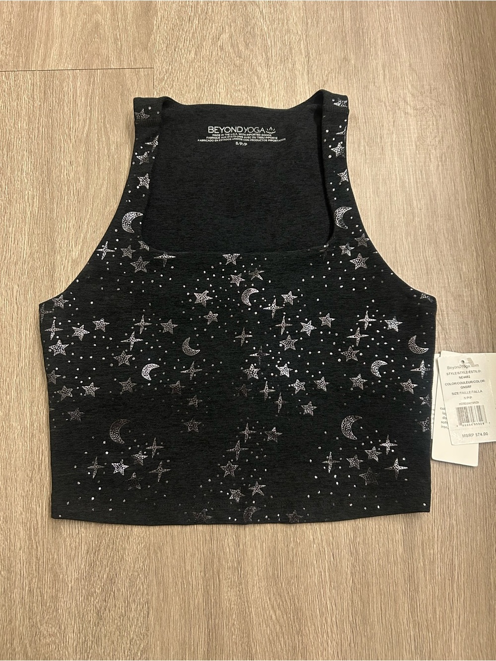 NEW Beyond Yoga (S) Square Neck Crop Tank Softshine Black Celestial Astrology
